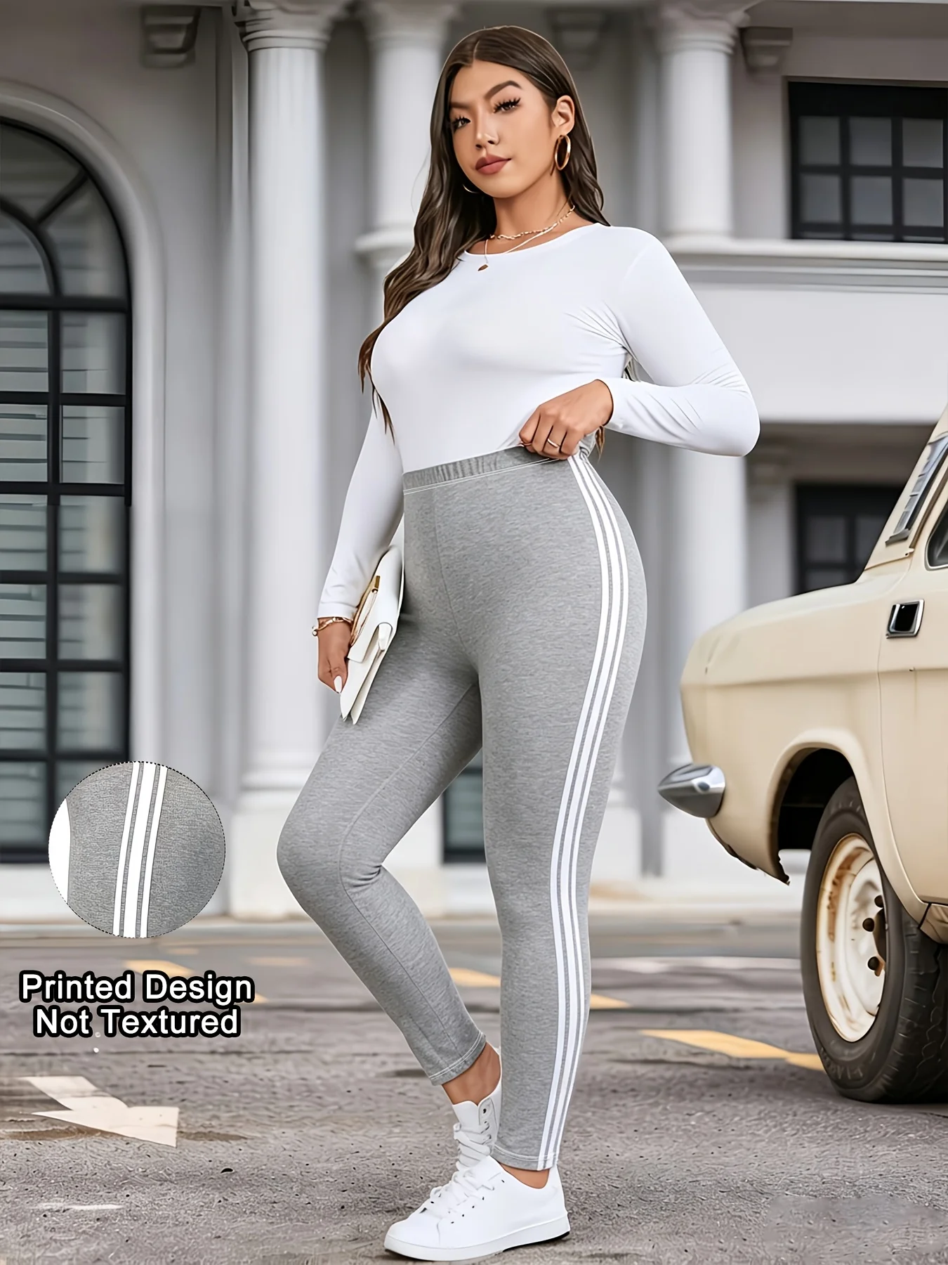 Bedruckte Leggings für Damen, kein Denim-Stoff, Hosen mit aufgesetzter Tasche und Knopfdruck-Design, hochelastisch, modisch, schmal geschnitten, lässig. – Detail 3