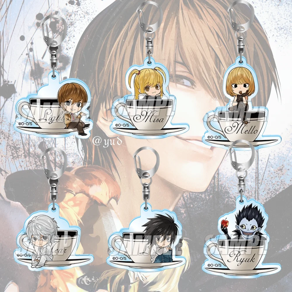 Death Note 6cm Acrylic Keychain Light Yagami，Misa Amane and Ryuk Tea Cup Q Version Backpack Decoration Birthday Gift