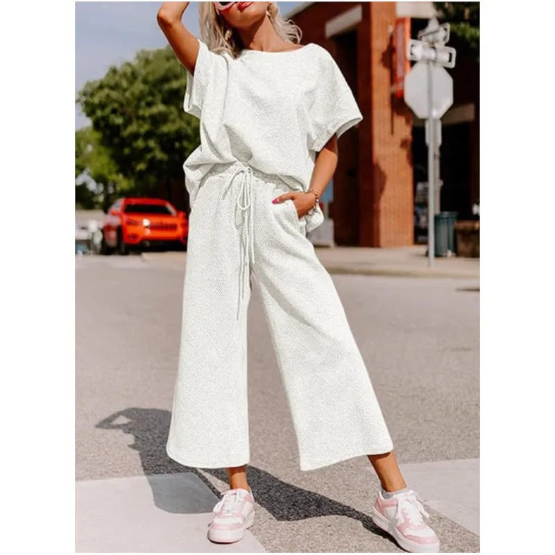 

2025 Spring Summer Casual Solid Short Sleeve T-shirt Wide Leg Pant Sets O-neck Short sleeved Drawstring Pants Women Sports Suits