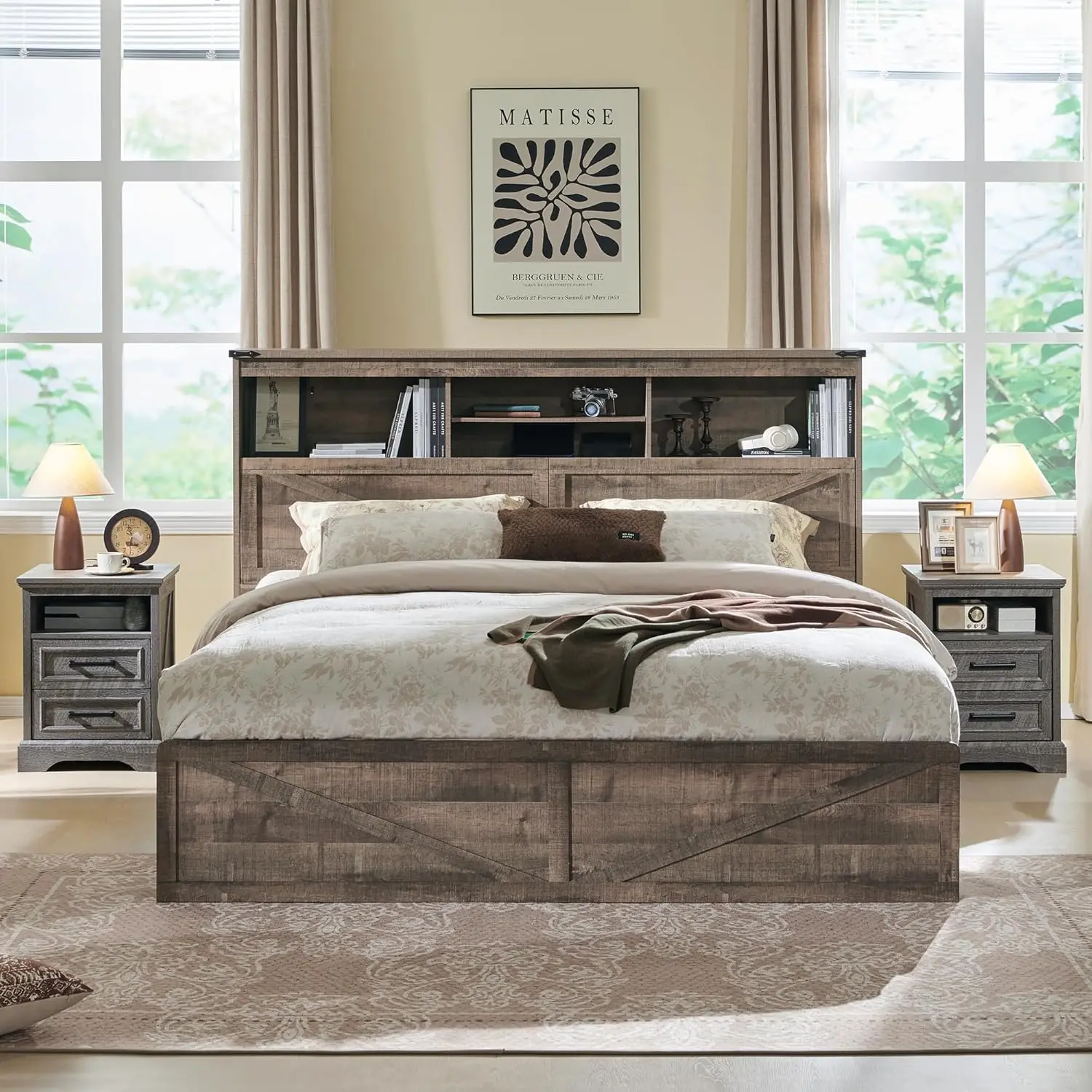 

Кровать размера «queen-size» в стиле фермерского дома с изголовьем-стеллажом для хранения 52 дюйма, деревянная кровать с 4 ящиками, светодиодной подсветкой, зарядкой, на заказ