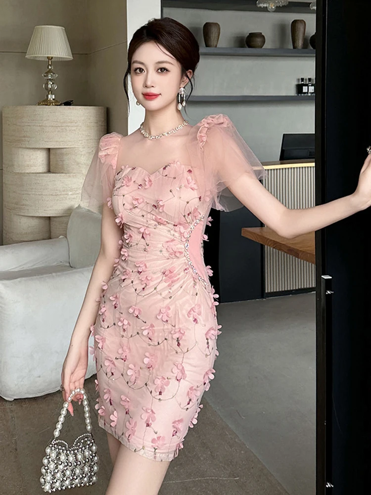 

Summer Sweet Pink Floral Vacation Evening Dress Women Clothes Elegant Luxury Sexy Bubble Sleeves Skinny Party Prom Vestido Beach