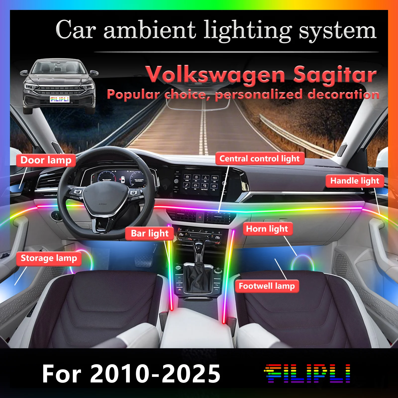 

10 в 1 для серии Volkswagen Sagitar PQ35 MQB A2 ‌ Светодиодные лампы для автомобиля, цветная атмосферная подсветка, неоновая лента для салона авто с управлением через приложение