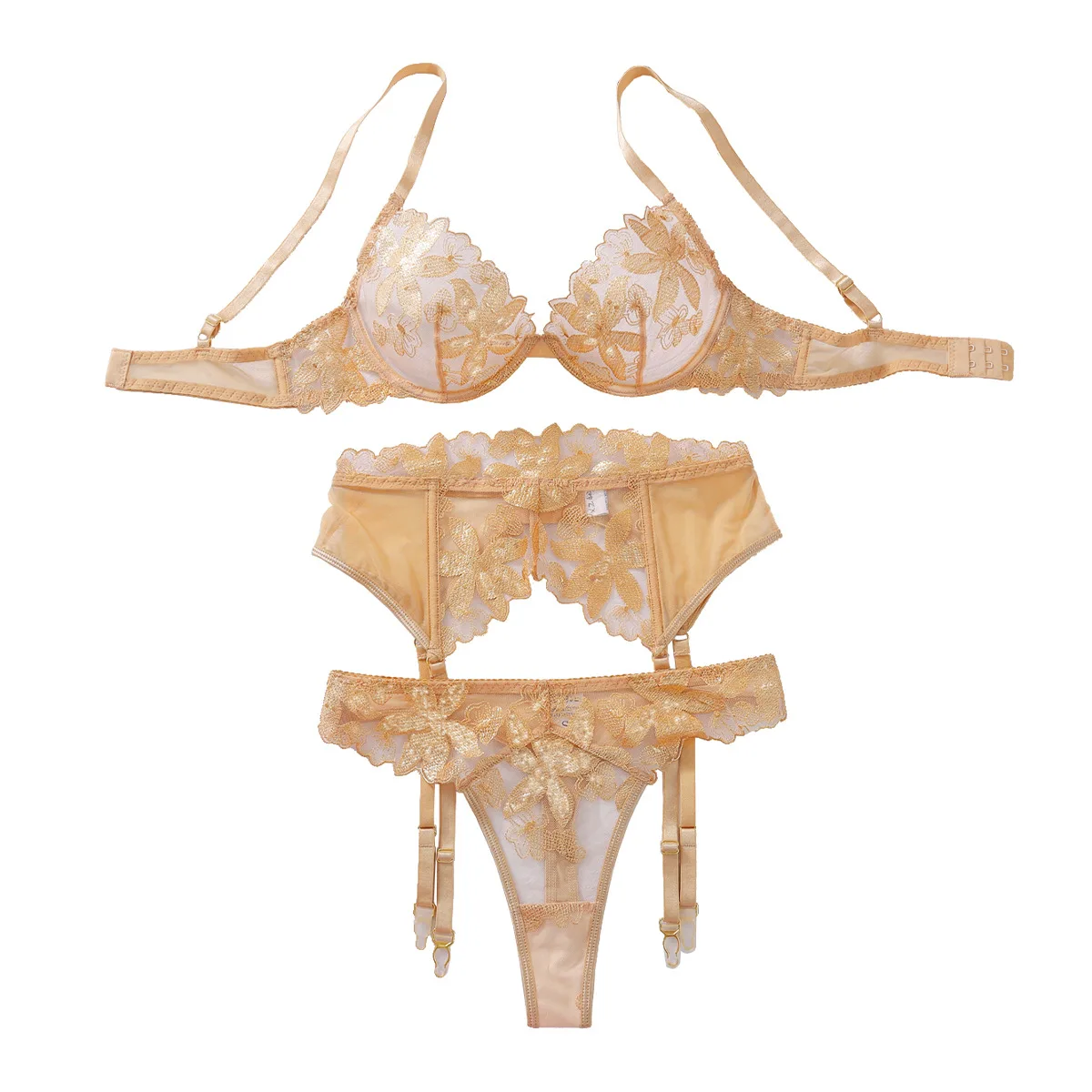 New three-piece set of fun gold flower embroidery pure desire perspective sexy underwear garter set sexy lingerie body suit