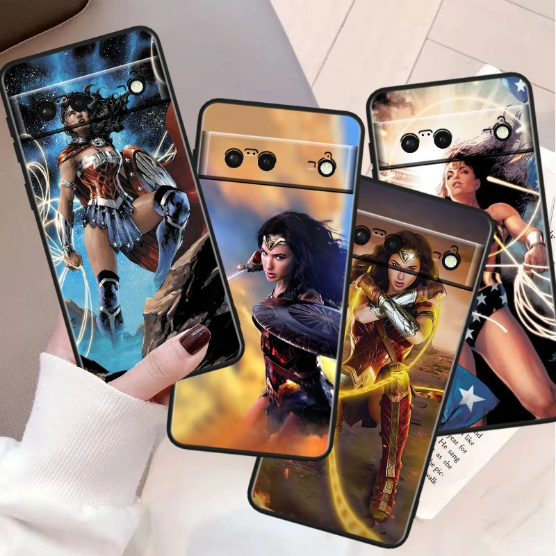 Cute Wonder Woman For Google Pixel 8 7A 6A 5A 5 4 4A XL Pro 5G Black Soft Shockproof Phone Case