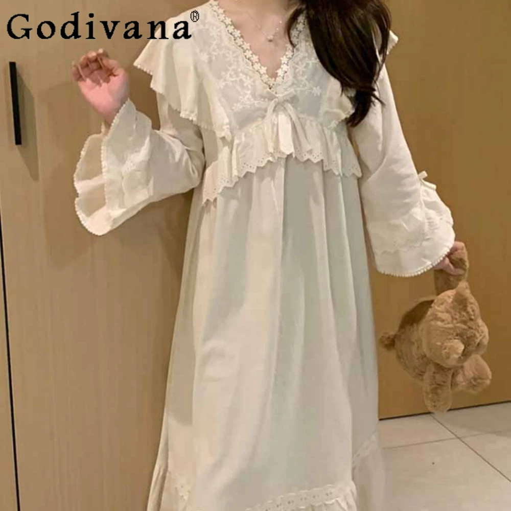 

French Cotton Nightgown Women's Spring and Autumn Sweet Court Style Nightgowns Lace Exquisite Romantic Pajamas