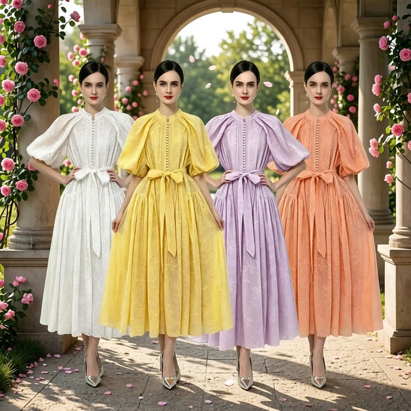 Sweet Style Embroidered Lantern Sleeve Dress Court Style Bubble Sleeve Waist Cinching Maxi Skirt Long Dress for Women Summer