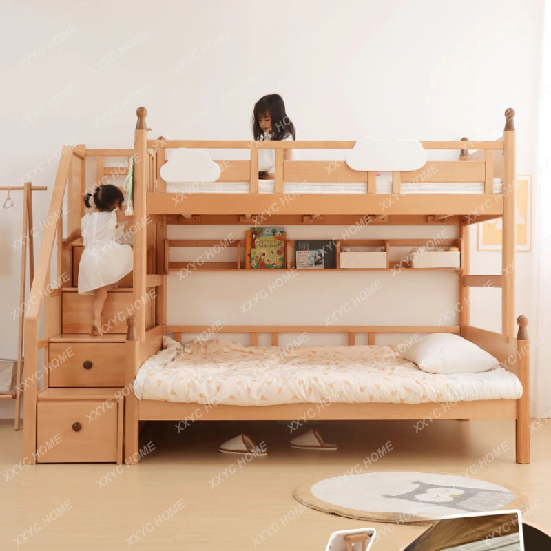 Wood Ladder Cabinet Ladder Height-Adjustable Bed Beech Children Bunk Bed Bunk Bed Boys and Girls Storage Multifunctional