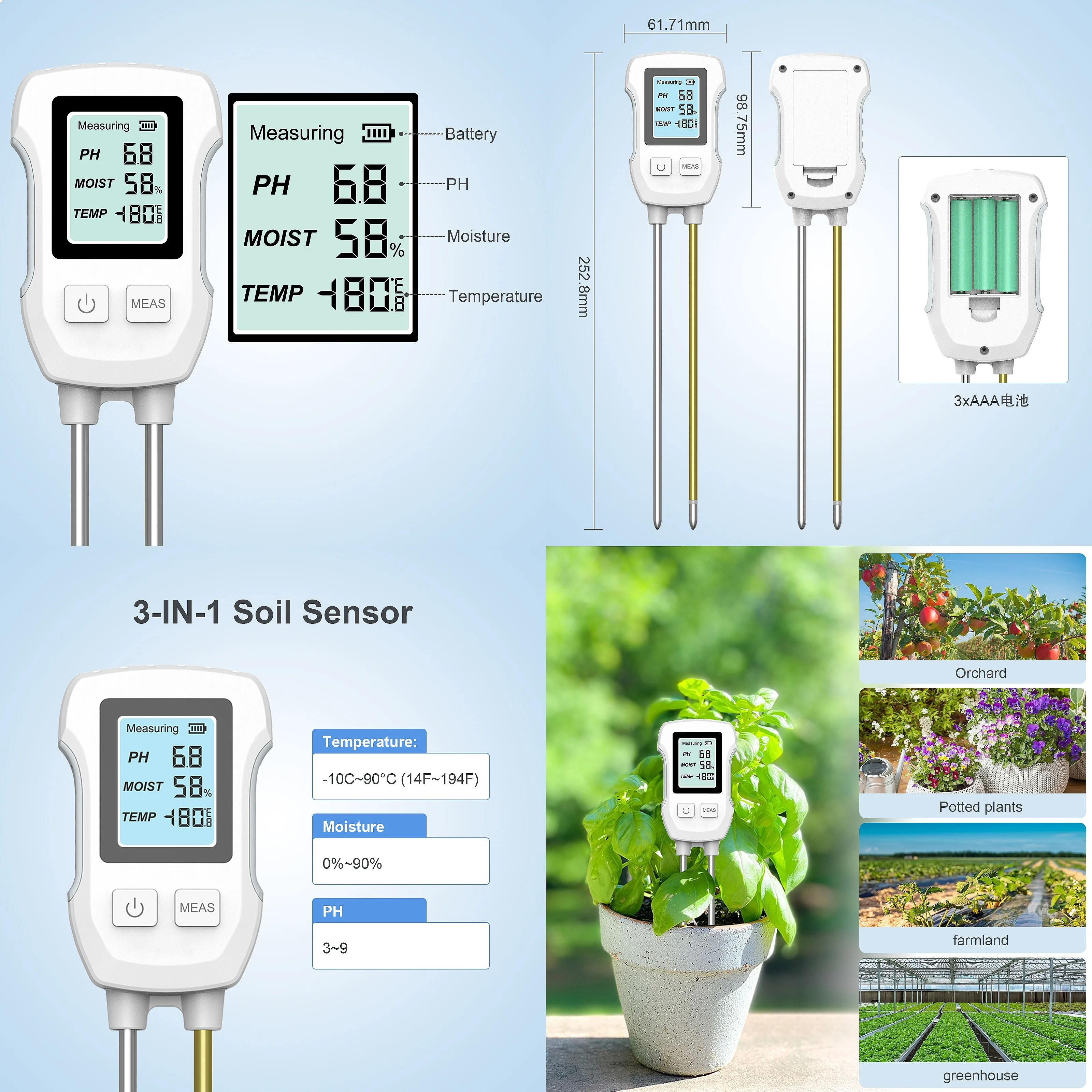 N11 3‑in‑1 Digital Soil Tester, PH Moisture & Temperature Sensor Probe for Agricultural Farm Garden Soil‑Monitoring Transducer