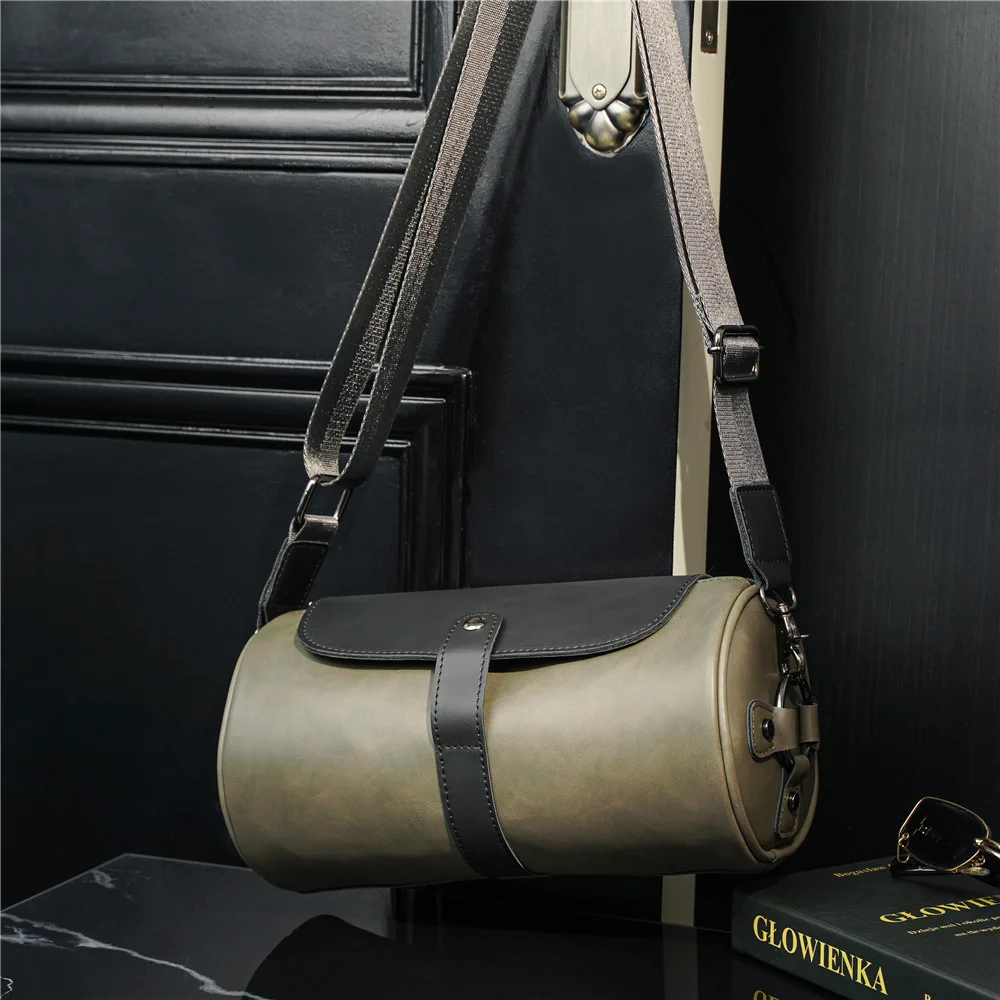 Vintage Herren Umhängetasche, Modische Fassförmige Schultertasche für Männer, Umhängetasche mit Klappe, Zylindrische Herren-Schultertaschen – Detail 5