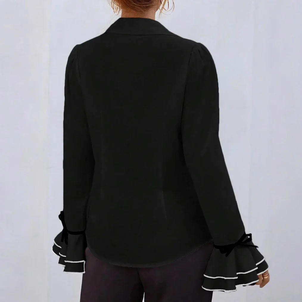 แฟชั่น Ruffled Splicing เสื้อผู้หญิงเสื้อแขนยาว Office Lady สีดําเปิดลงปกเสื้อลําลอง Blusas