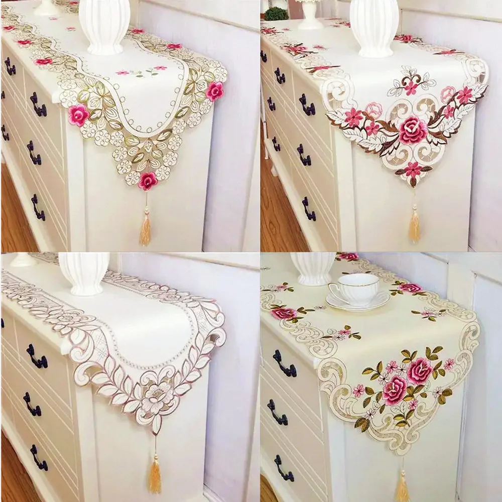 Pastoral Minimalist Style Table Runner Elegant Floral Embroidered Tablecloth European Openwork Table Cover Cabinet Table Decor