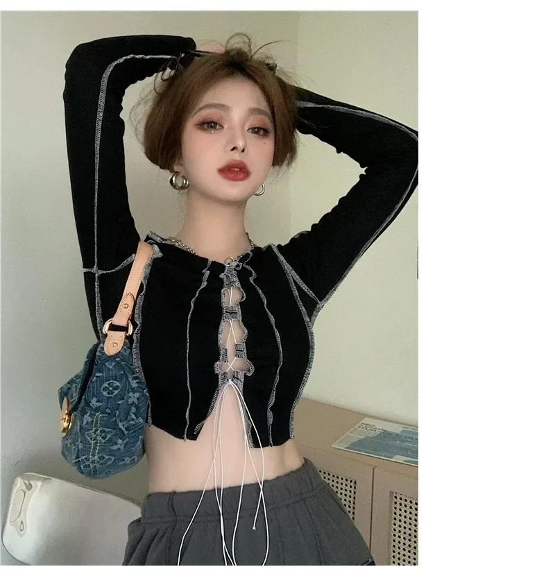 T-shirts Women Fashionable Bust Hollow-out Design Long Sleeve Cool Female Hipster Y2k Tees Crop Top Sexy Hot Girls High Street