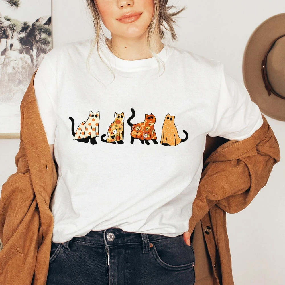 Funny Cat Ghost Skull Halloween Women's Short Sleeve Tee Comfort Colors Spooky Season Casual Women's Cotton t-Shirts Cat Lovers