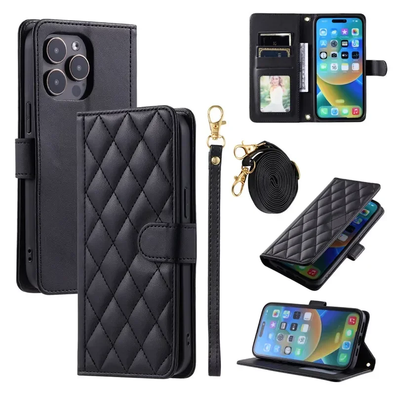 Lange Lanyard Leder Brieftasche Karte Telefon Fall für IPhone 16 15 14 Pro Max 16E 13 12 11 X XS XR SE 2022 8 7 Plus Halter Abdeckung Coque