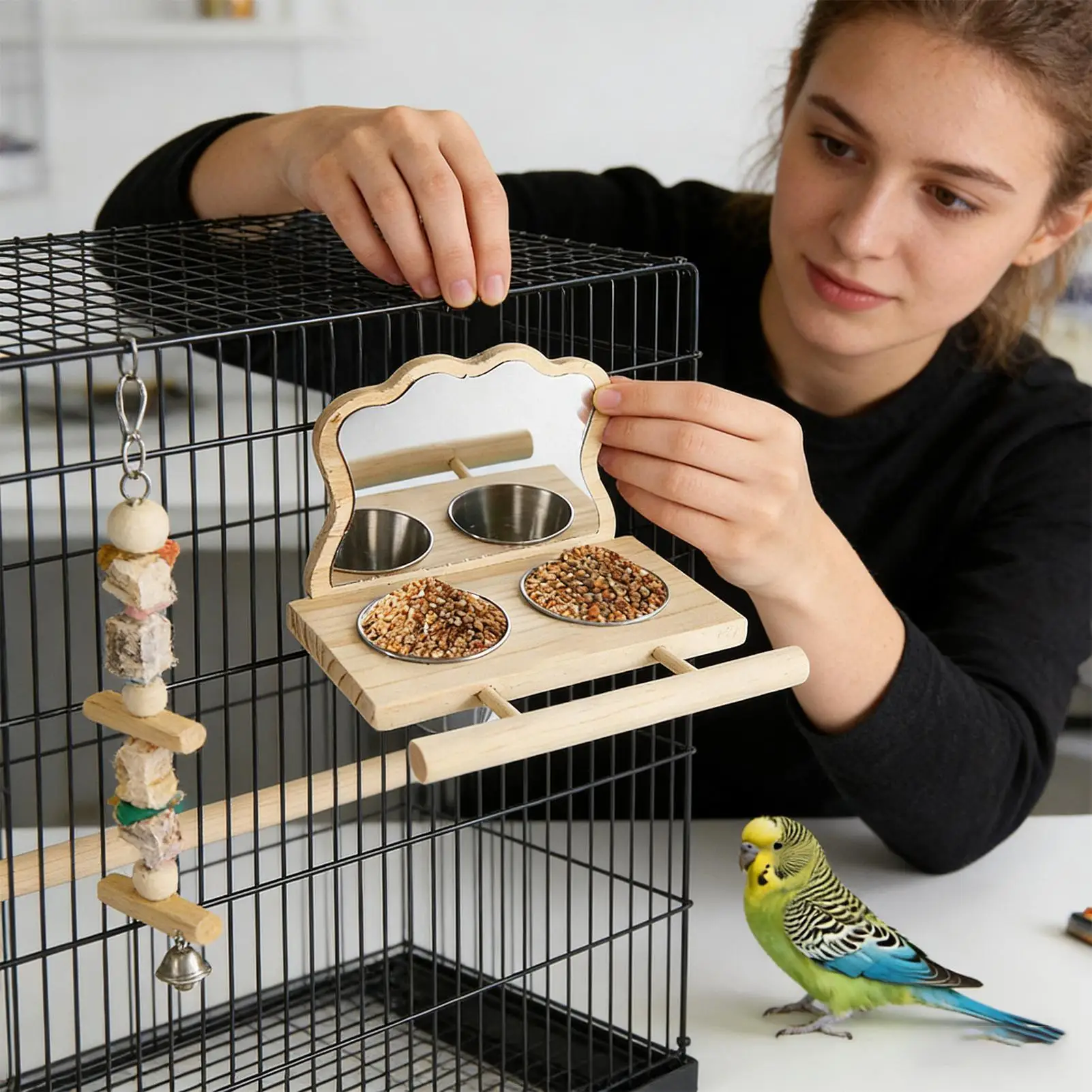 Bird Cage Perch with Feeder and Mirror Parrot Play Toy Chewing Stand Cockatiel Budgie Accessories Food Water Feeder Station