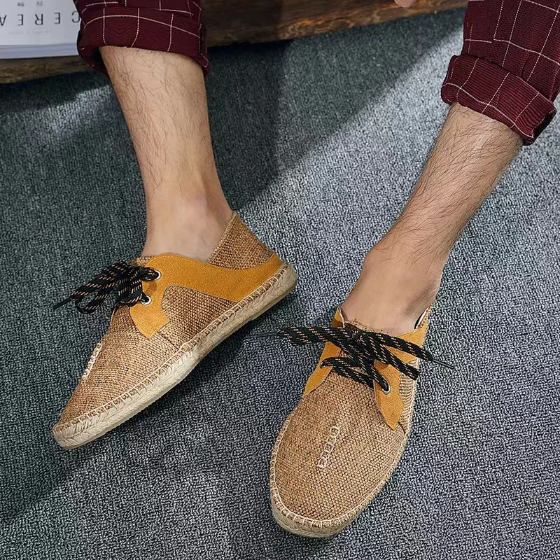 New Fashion Summer Grass Knitted Shoes Casual Lazy Man Canvas Hemp Insole Fisherman Light Shoes Men\'s Lace Up Flat Shoes