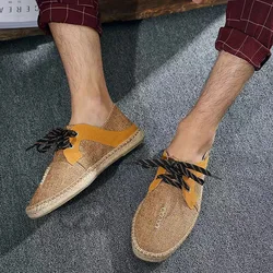 New Fashion Summer Grass Knitted Shoes Casual Lazy Man Canvas Hemp Insole Fisherman Light Shoes Men's Lace Up Flat Shoes