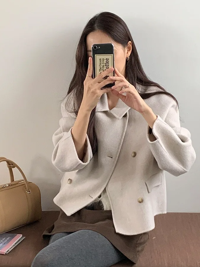 

Chic Autumnal ort Tweed Jaet for Women with Notched Collar And Double Breasted Design Commute Sle Long Sve Color