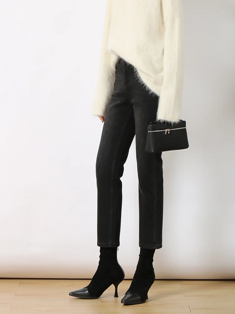 High Waist Slim Fit Straight Leg Denim Jeans Women's Four Way Stretch Cigarette Pants Cotton Stretch Denim All Seasons