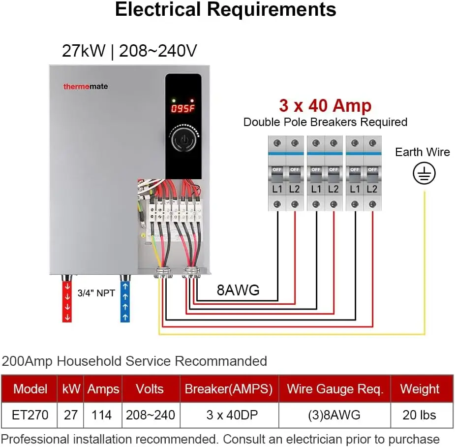 Calentador de agua eléctrico 27 kW 208 ~ 240 voltios, termomato bajo demanda Calentador de agua caliente instantáneo sin fin, temperatura digital Dis