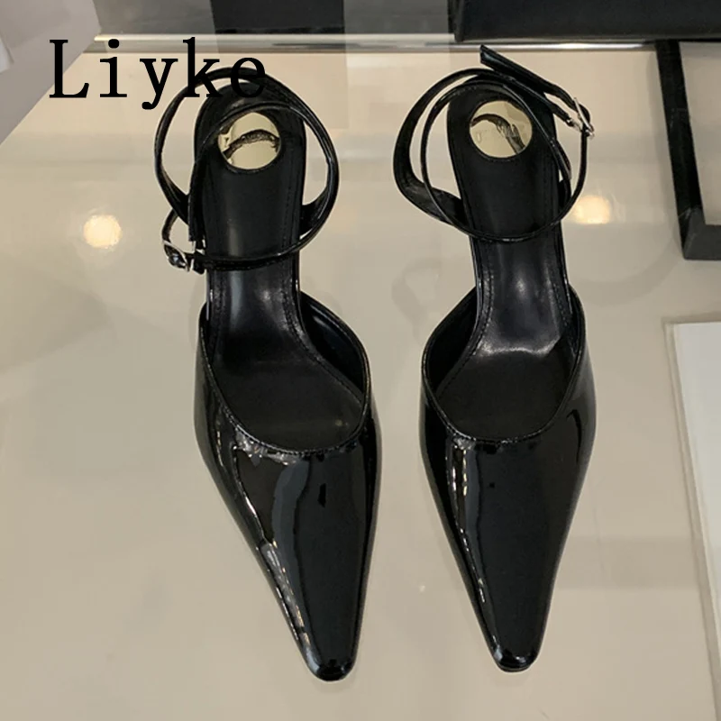 Liyke Summer Fashion Ankle Buckle Strap Sandal Women Pumps Elegant Pointed Toe Stiletto High Heels Mules Lady Party Dress Shoes