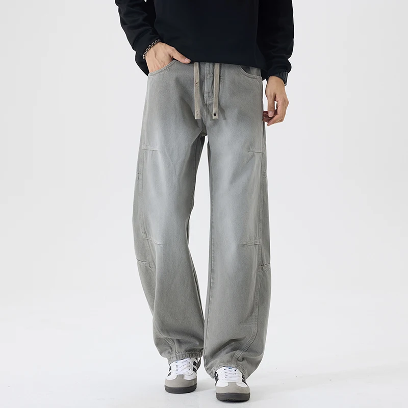 

2026 весна осень новые винтажные потертые цементно-серые лоскутные широкие джинсы для мужской одежды свободные мужские брюки из 100% хлопка