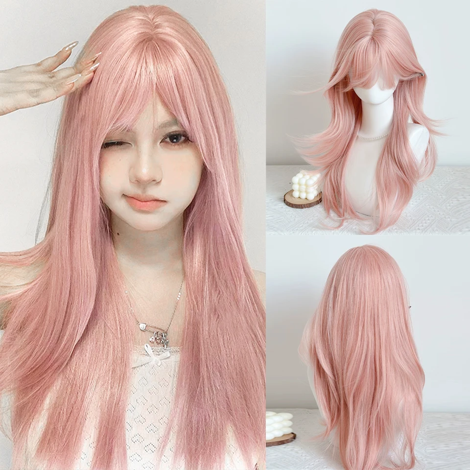 

Pink Long Straight Bangs Wig Synthetic Layered Wig For Women Daily Cosplay Halloween Party Lolita Use Heat Resistant Fiber