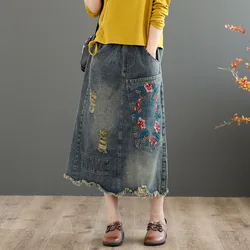 Women Denim Skirt Y2k Clothes Long Skirt Harajuku Fashion Vintage Floral Embroidery A-line Jean Skirt Woman