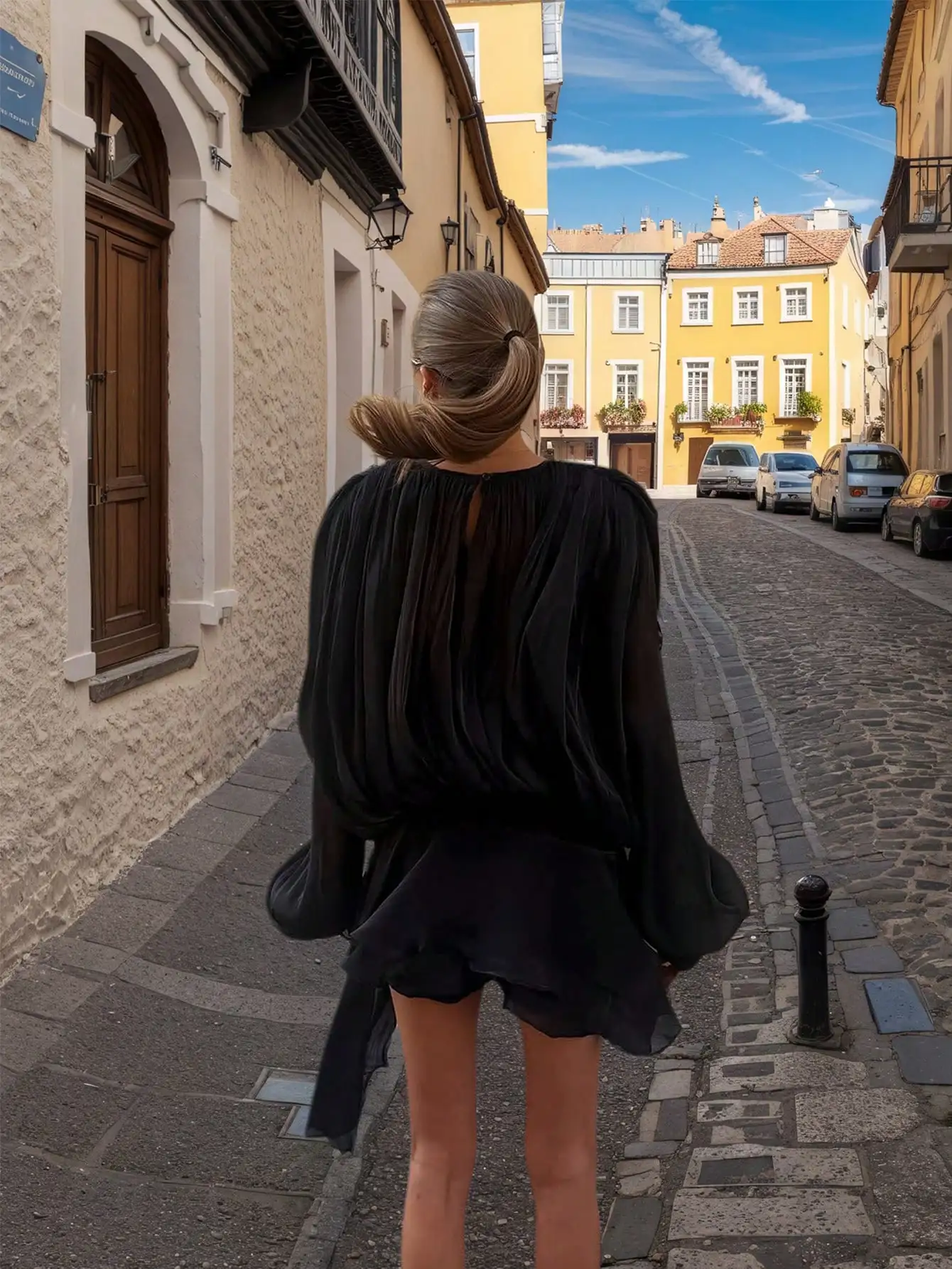 

Черное платье-рубашка с рюшами на воротнике, рукавами-фонариками и завязками, свободного кроя, в готическом стиле