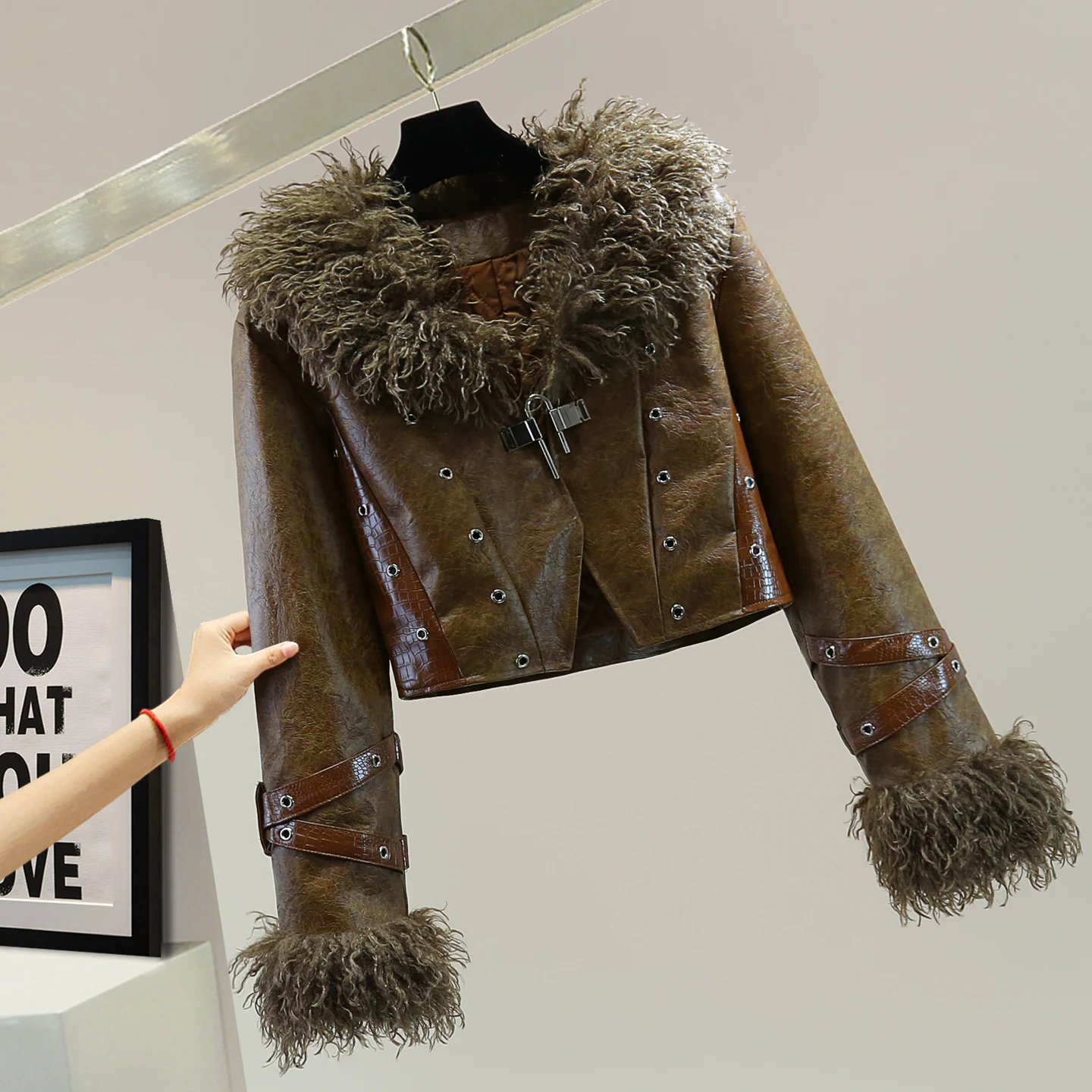 

Heavy Craft Fluffy Grass Patchwork Quilted PU Leather Jacket, 2025 Autumn Winter High Waist Short Hollow V-neck Jacket Trendy