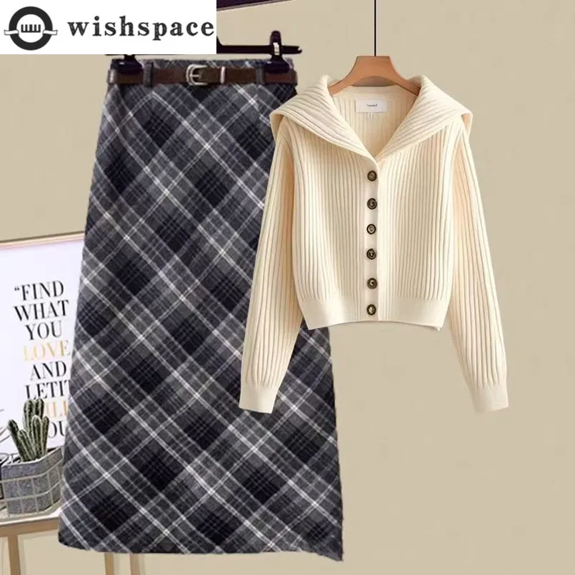 

Autumn and Winter Style Set Skirt Women's Gentle Knitted Sweater High Waist Slimming Half Body Skirt Two Piece Set