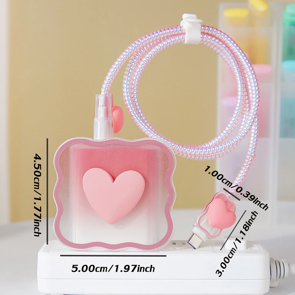 4 in 1 Love Heart Charger Cable Protector Case For iPhone 15 14 11 16 18w 20w Charging Head Protective Cover Winder Accessories