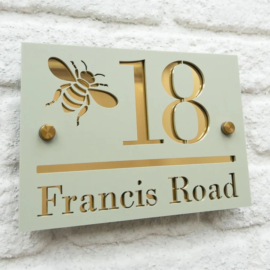 Personalized Door Sign Mirror, with Bee Shape and Stand, Housewarming Gift, Address Sign, First Home, House Number, Laser-Cut Matte Dark Gray, Text with Various Mirror Effects, Floating Door Sign, House Number, Custom