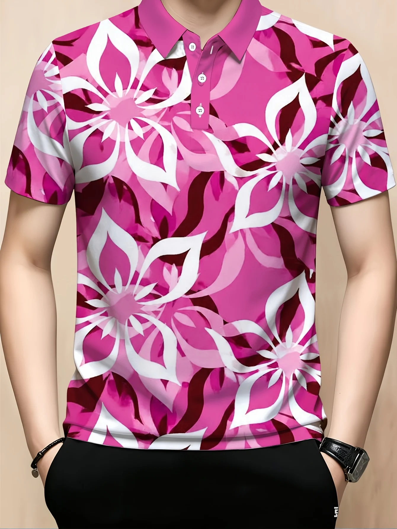 New men's short-sleeve polo shirt T-shirt, loose-fitting and tailored with printed patterns, versatile basic crew-neck top suita