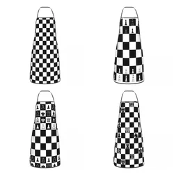 Unisex Black And White Check Checkered Bib Apron Adult Women Men Chef Tablier Cuisine for Cooking Kitchen Chess Board Gardening