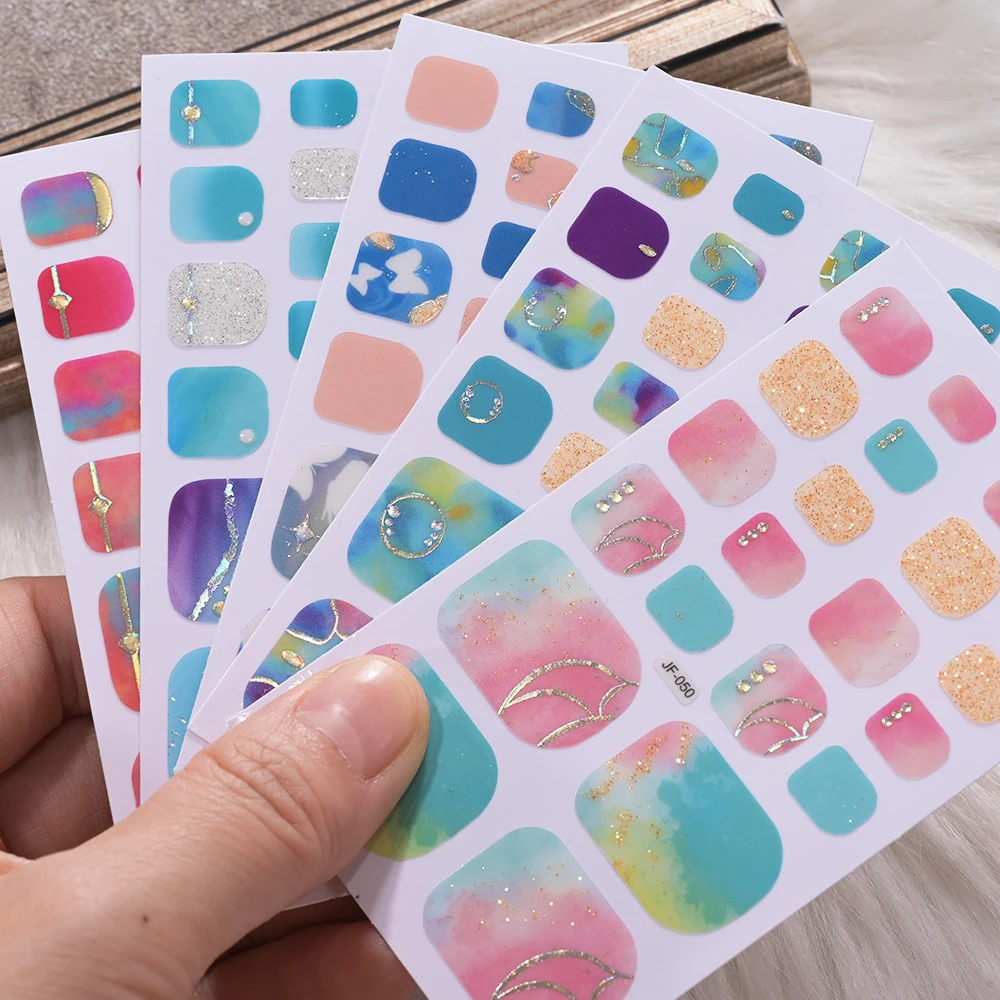 1Sheet(22Tips) Blue Butterfly Toe Nail Stickers Glitter Full Cover Toe Nail Wraps Baking Free Summer Beach Toenail Polish Strips