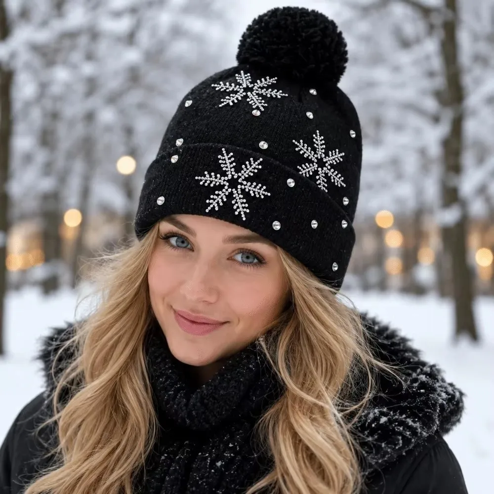 Thickened Women Snowflake Knitted Hat Ear Protection Keep Warm Pullover Hat Windproof Snowflake Rhinestone Winter Balaclavas Cap