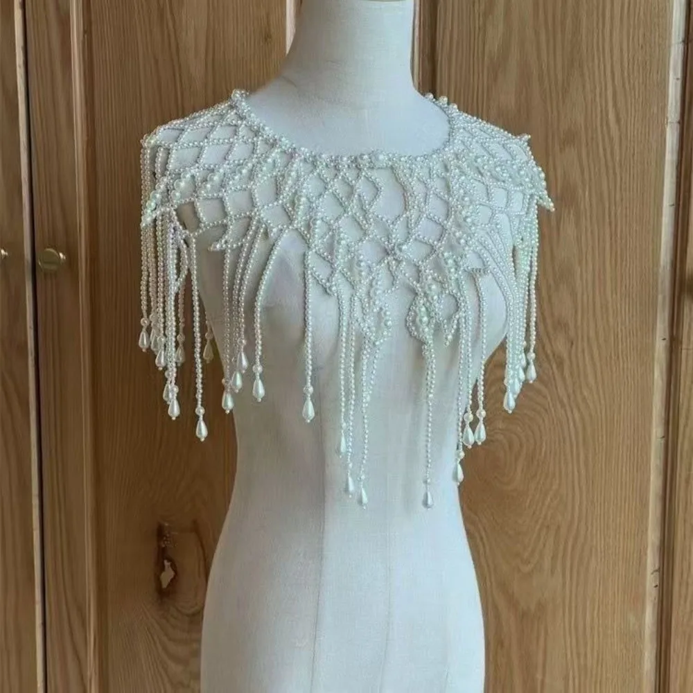 

Модная ажурная свадебная жемчужная накидка ручной работы с бисером, цепочкой на плечо и жемчужными кисточками, свадебные палантины для платья