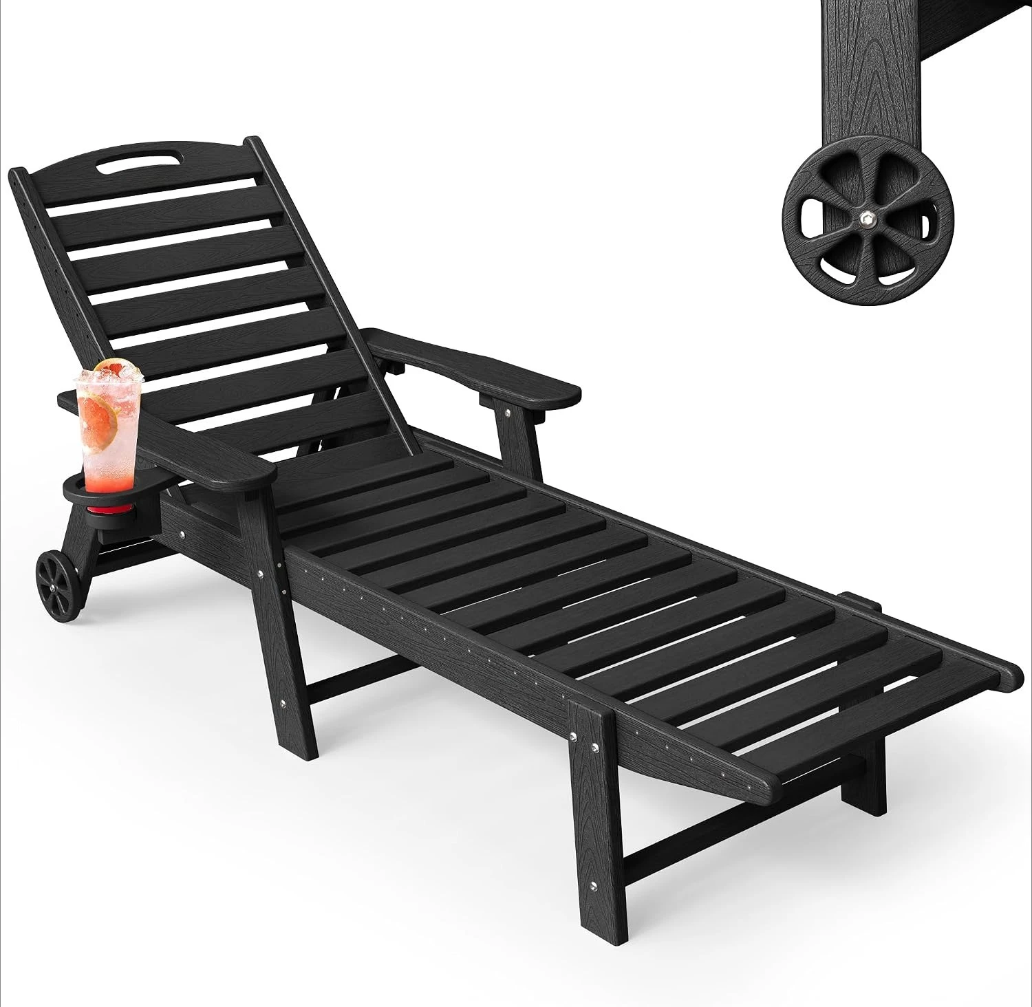 Outdoor Chaise Lounge Chair With Wheels Wood Texture All Weather HDPE Patio Sun Recliner With Cup Holder 5 Position Adjustable Backrest For Poolside Deck Backyard Lawn Black