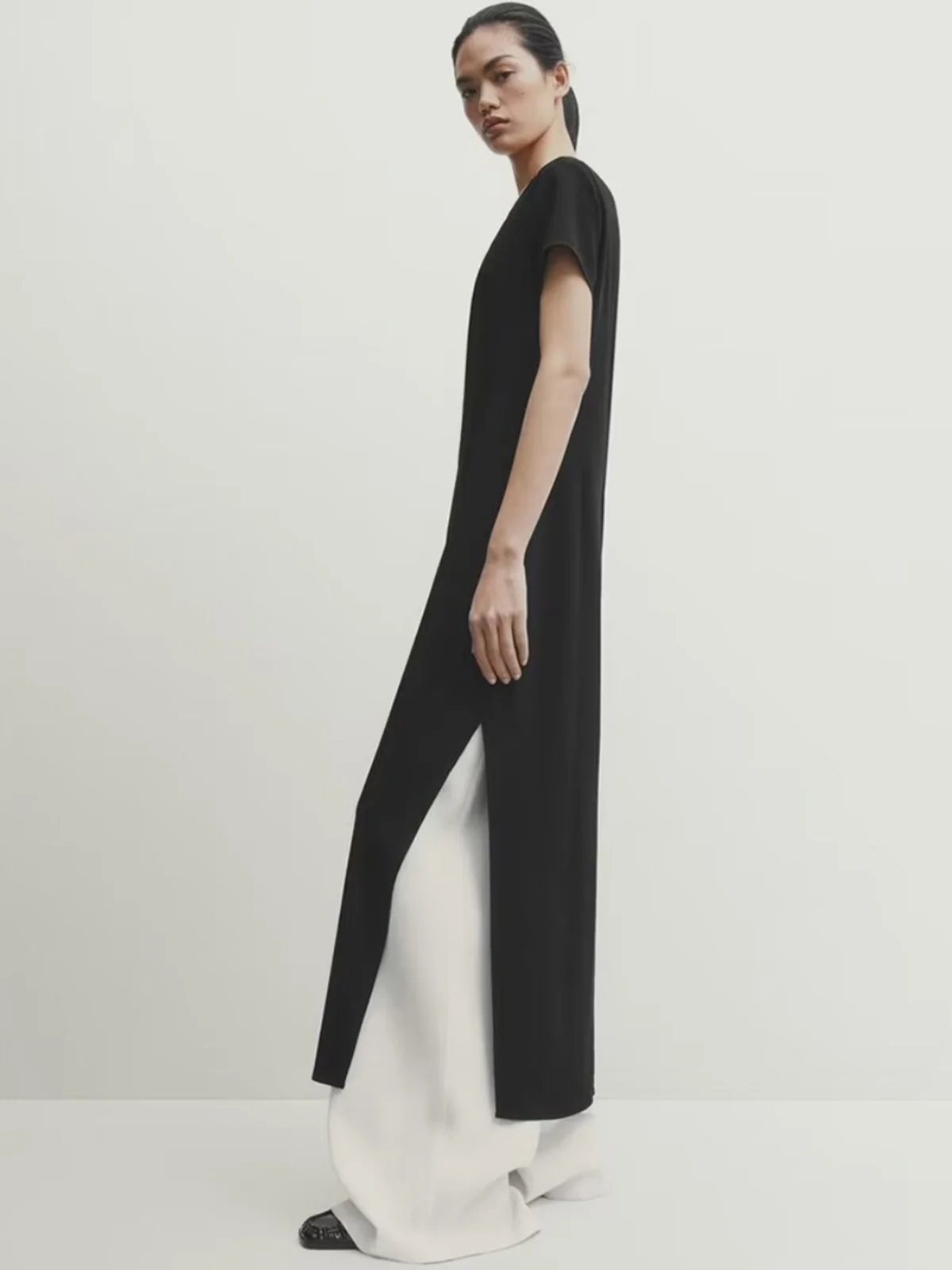 Ele mat Bla ort Sve Midi Dr coupe droite Little Bla Dr Casual Sle Saison d'été ronde Ne Pure C...