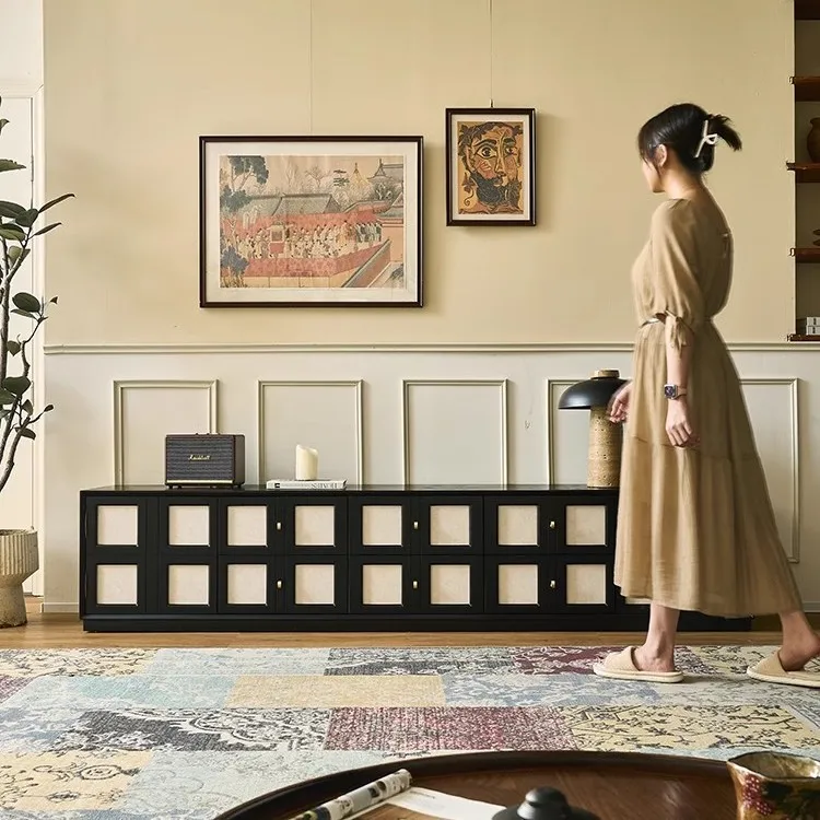 French solid wood black TV cabinet, household small apartment Nanyang style locker, living room retro floor audio-visual cabinet