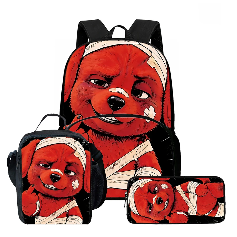 3Pcs Set Middle Finger Puppy School Bag Includes Backpack With Front Pkt Lunch Bag & Pencil Pouch Unisex Ideal For Kids Aged 5-9