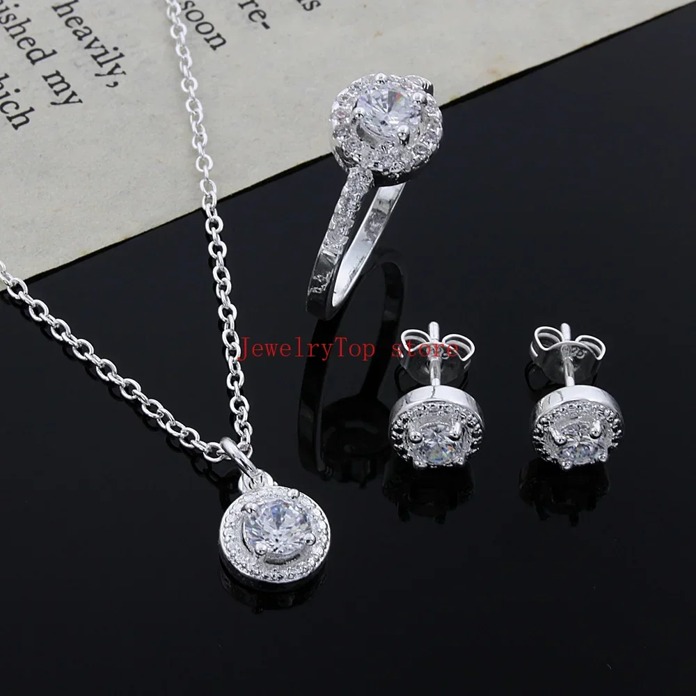 Hot sale 925 Sterling silver Cute Christmas gift noble fashion elegant women shiny crystal CZ necklace earring ring jewelry Set