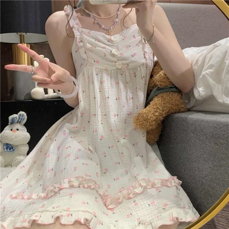 Nightgowns Women Summer Printed Leisure Sexy Sweet Folds Vintage Sleepwear Ladies Aesthetic Ins Popular All-match Home Lounge