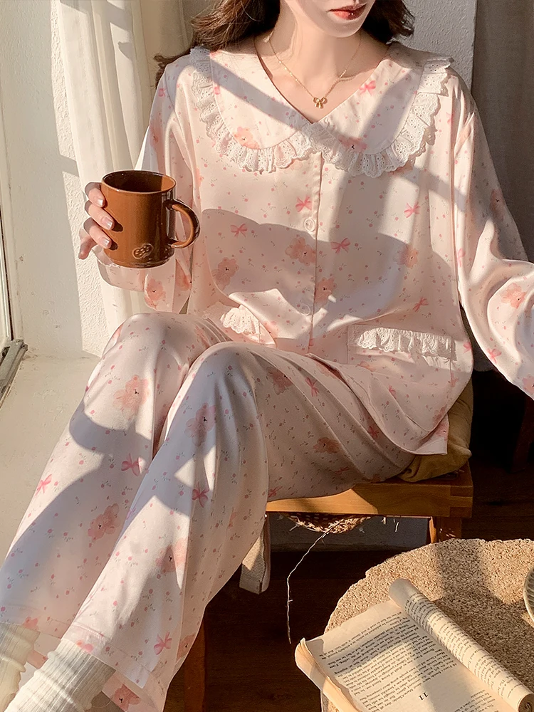 

Spring Autumn Ice Silk Long Sve Spwear Women's Home Clothes Princ Sle Floral Sweet Cute Printed Spwear Set