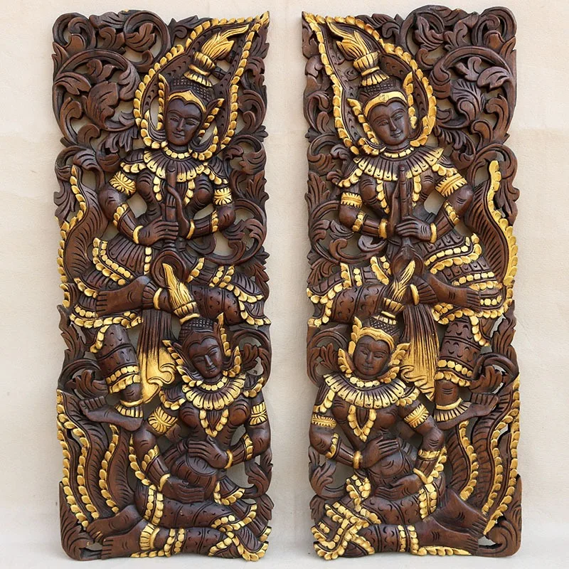 Thai imported wood-carved wall , maid wood-carved hollow teak carved panel, clubhouse vintage background wall