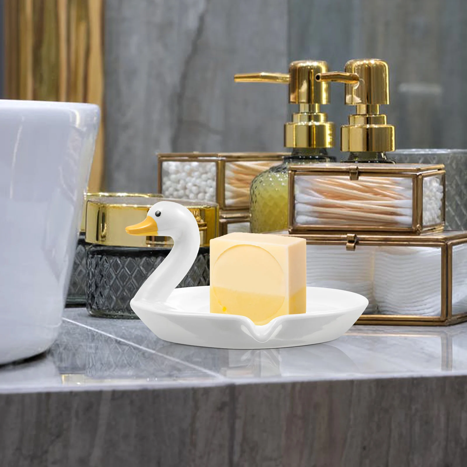 

Swan Soap Dish Ceramic Self Draining Holder Cute Design for Bathroom Sink Lightweight Portable Practical