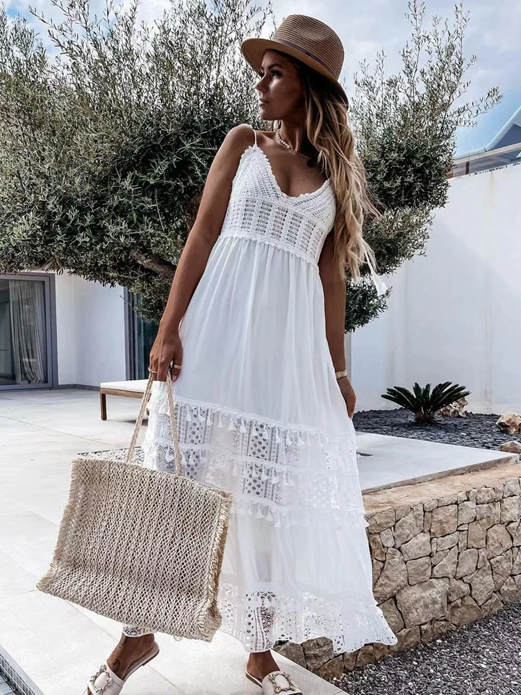 Sexy Lange Kleider für Frau Sommer Strand Stil Mode Boho Kleid Strap V-ausschnitt Spitze Backless Sommerkleid Damen Weiß Maxi kleid