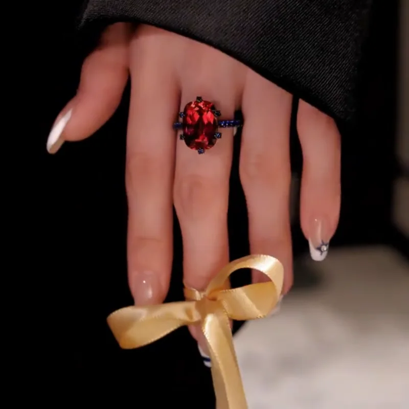 Bellux Luxury Oval Red CZ Ring Black Gold Plated 925 Silver Blue Accent Stones Statement Ring Women Men Punk Party Jewelry Gift