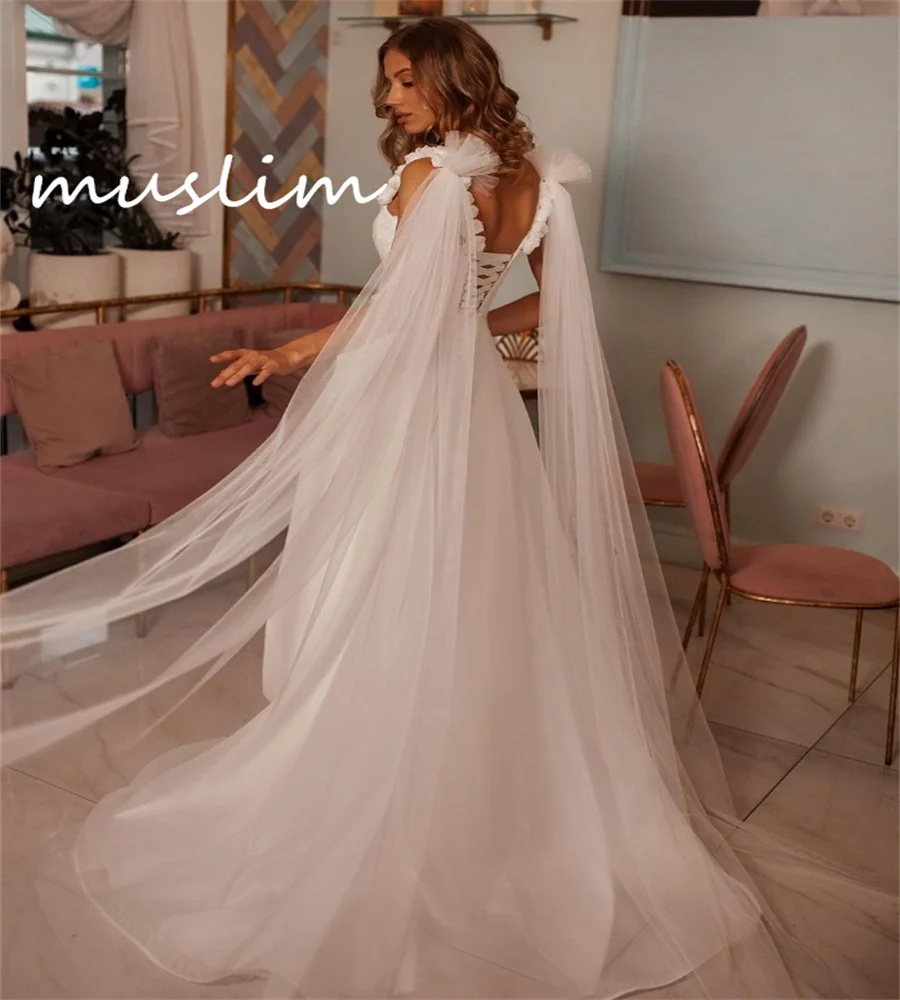 Hippie High Slit Beach Wedding Dresses 2024 With Wing Train Straps Elegant White Bohemian Country Bridal Dress Women Civil Bride